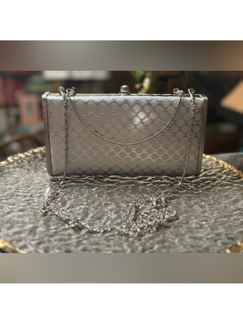 Like New Vintage Silver Evening Clutch • Greek Key Detail Sculptural Metal Frame